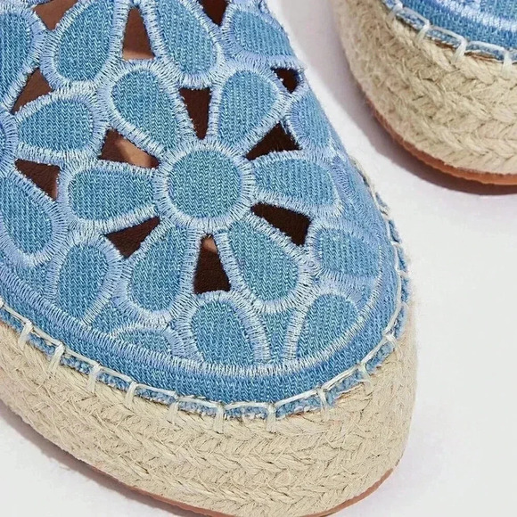 Blue Boho Women's Woman Floral Embroidered Flat Vacation Summer - Picture 4 of 5